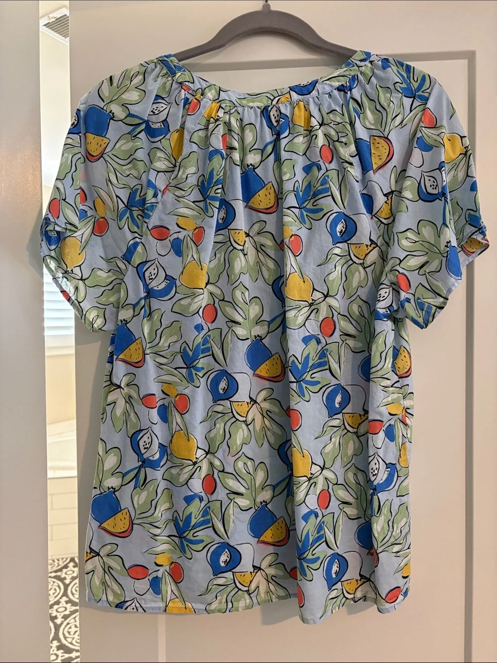 LOFT Light Blue Botanical Tie-Front Peasant Blouse - Picture 3 of 3
